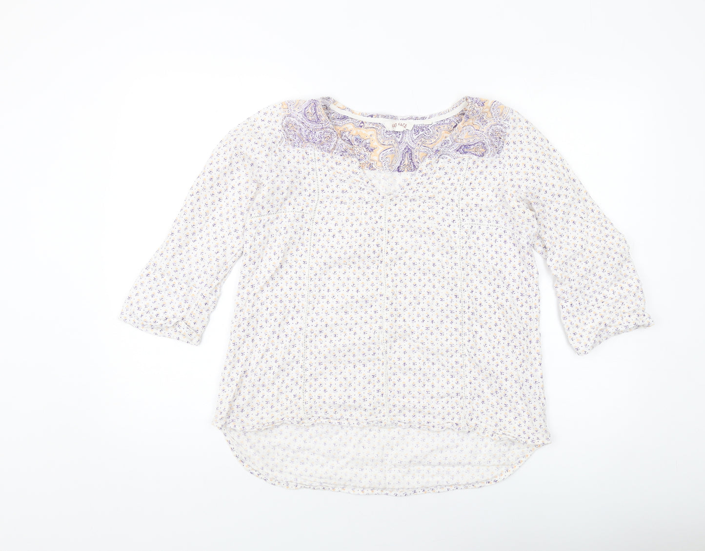 Fat Face Womens White Geometric Cotton Basic Blouse Size 10 V-Neck