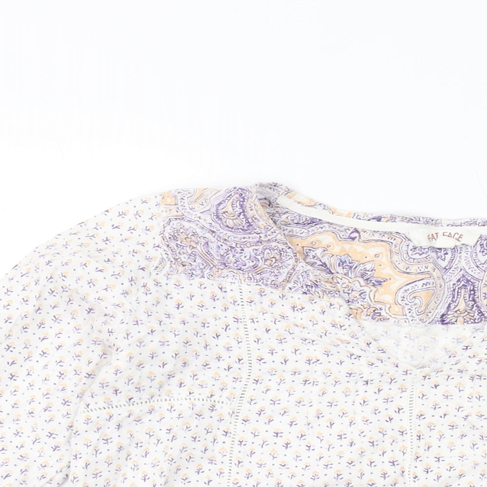 Fat Face Womens White Geometric Cotton Basic Blouse Size 10 V-Neck