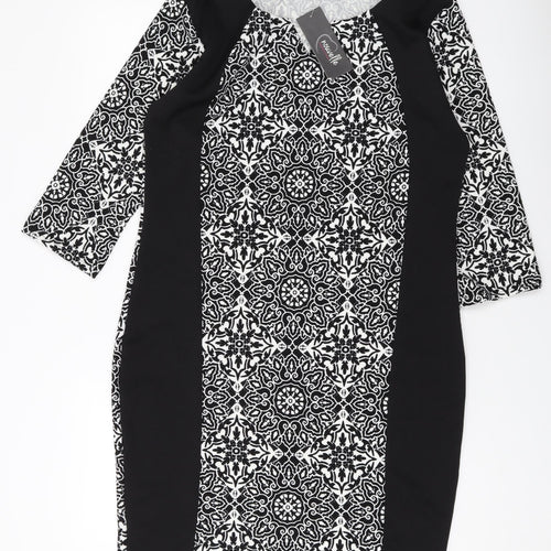 Nouvelle Womens Black Geometric Polyester Sheath Size 18 V-Neck Pullover