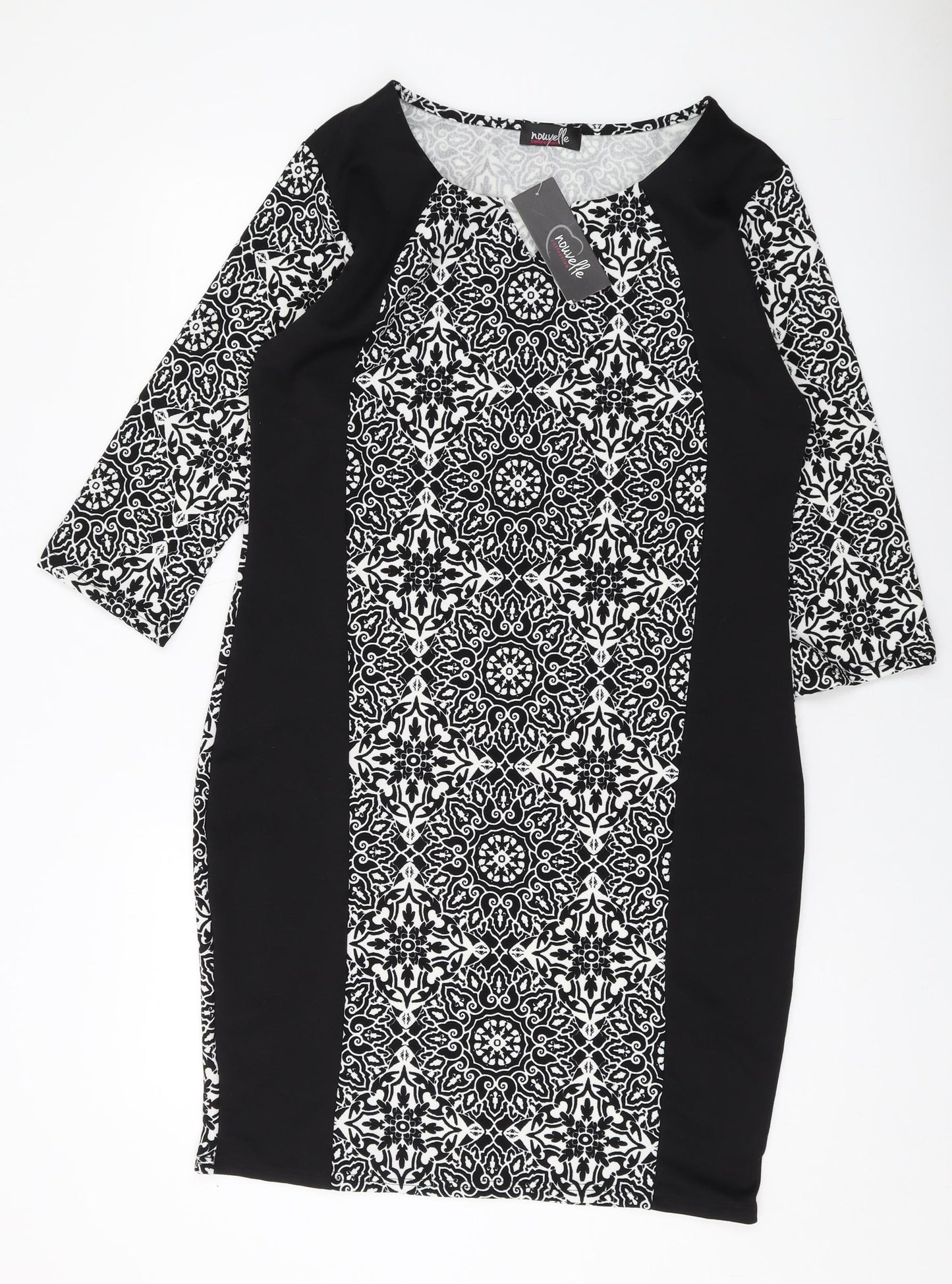 Nouvelle Womens Black Geometric Polyester Sheath Size 18 V-Neck Pullover