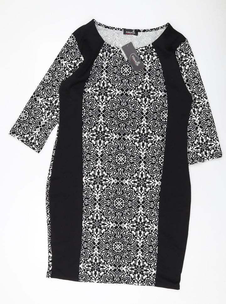 Nouvelle Womens Black Geometric Polyester Sheath Size 18 V-Neck Pullover
