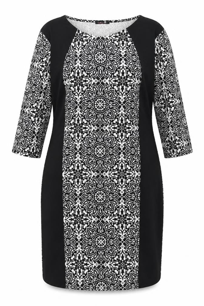 Front view of Nouvelle women’s black geometric polyester sheath, size UK 18, v-neck pullover