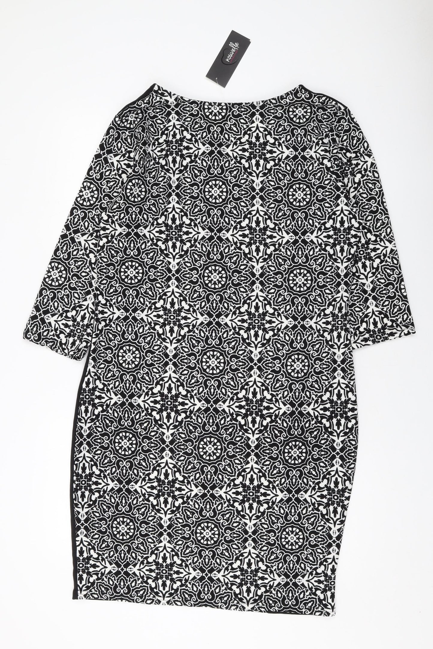 Nouvelle Womens Black Geometric Polyester Sheath Size 18 V-Neck Pullover