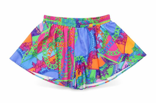 Front view of PRETTYLITTLETHING women’s multicoloured geometric polyester basic shorts, size UK 12 regular pull on
