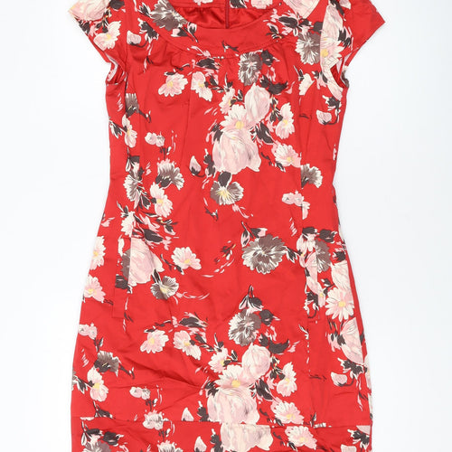 Oasis Womens Red Floral Cotton Sheath Size 10 Round Neck Zip