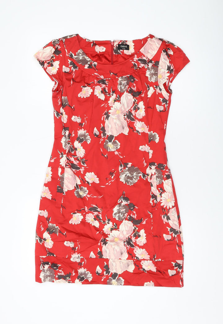 Oasis Womens Red Floral Cotton Sheath Size 10 Round Neck Zip
