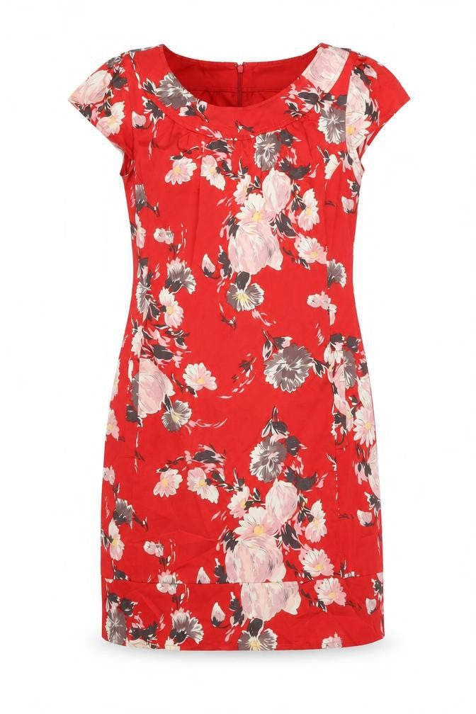 Oasis Womens Red Floral Cotton Sheath Size 10 Round Neck Zip