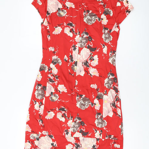 Oasis Womens Red Floral Cotton Sheath Size 10 Round Neck Zip