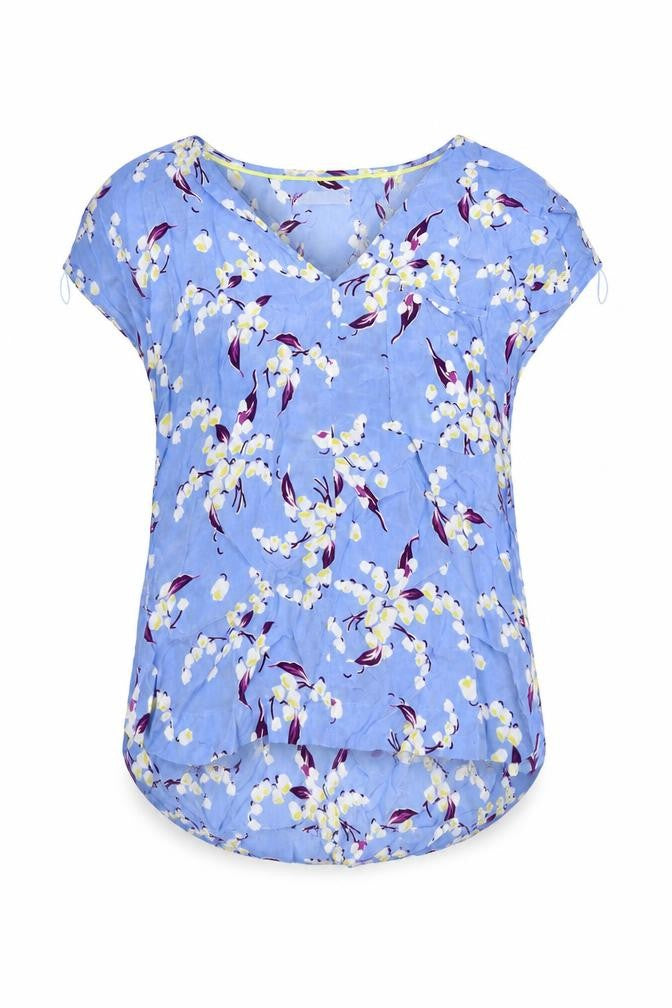 Front view of Per Una women’s blue floral cupro basic t-shirt, size UK 10, v-neck
