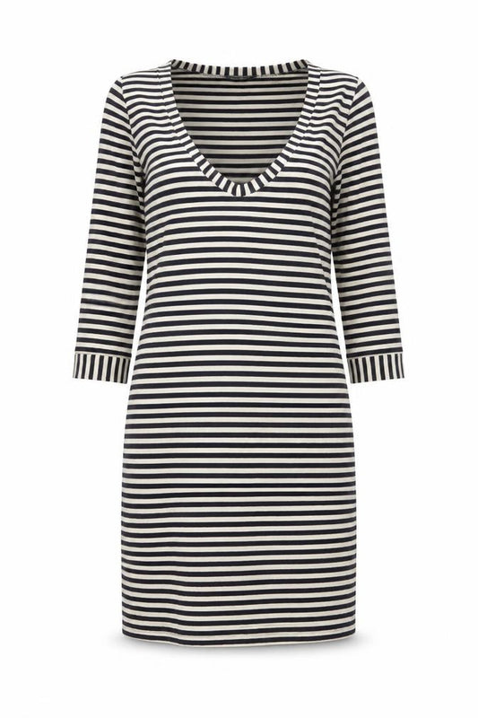 Front view of French Connection women’s blue striped lyocell bodycon, size UK 12, scoop neck pullover