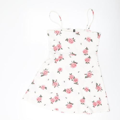 H&, Womens White Floral Polyester Mini Size 12 Square Neck Pullover