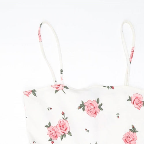 H&, Womens White Floral Polyester Mini Size 12 Square Neck Pullover