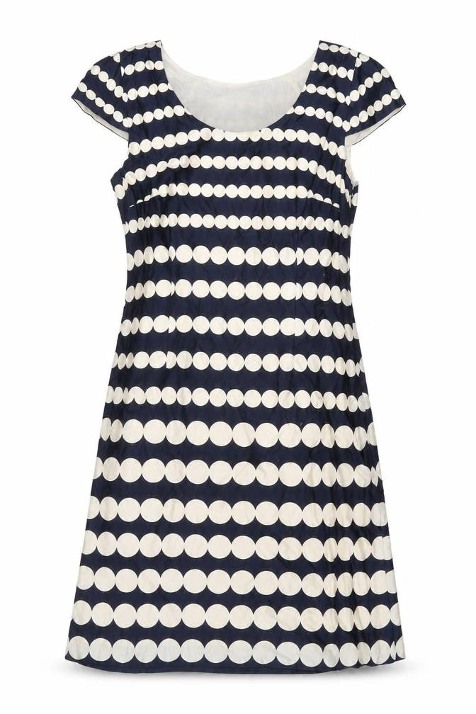 Front view of Phase Eight women’s blue polka dot cotton a-line, size UK 10, round neck zip
