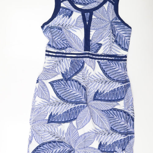 Debenhams Womens Blue Floral Viscose Sheath Size 14 Round Neck Zip