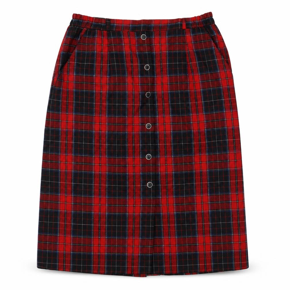 Front view of Design Essentials women’s red plaid polyester a-line skirt, size UK 18