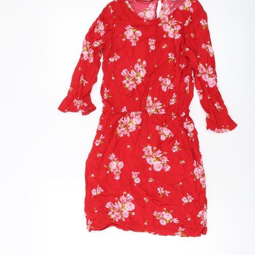 H&M Womens Red Floral Viscose Mini Size 8 Round Neck Button