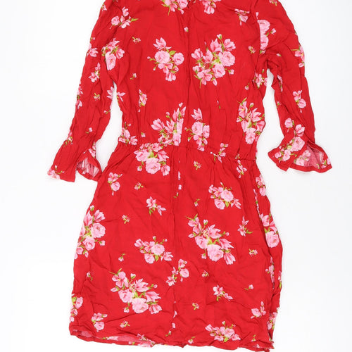 H&M Womens Red Floral Viscose Mini Size 8 Round Neck Button
