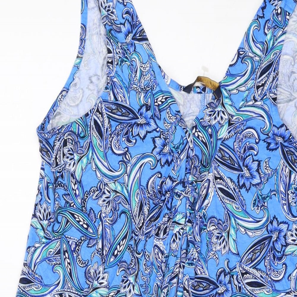 Marks and Spencer Womens Blue Geometric Viscose A-Line Size 14 V-Neck Pullover