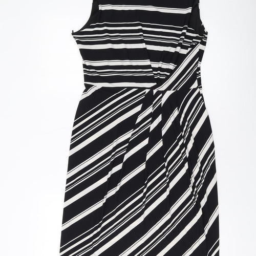 M&Co Womens Black Striped Polyester Sheath Size 14 Round Neck Pullover