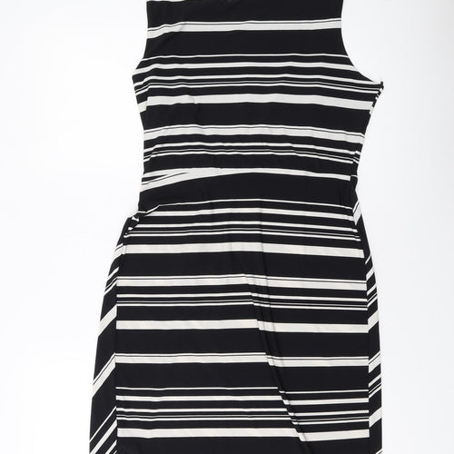 M&Co Womens Black Striped Polyester Sheath Size 14 Round Neck Pullover