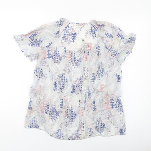 Indigo Womens Grey Geometric Cotton Basic T-Shirt Size 12 Round Neck