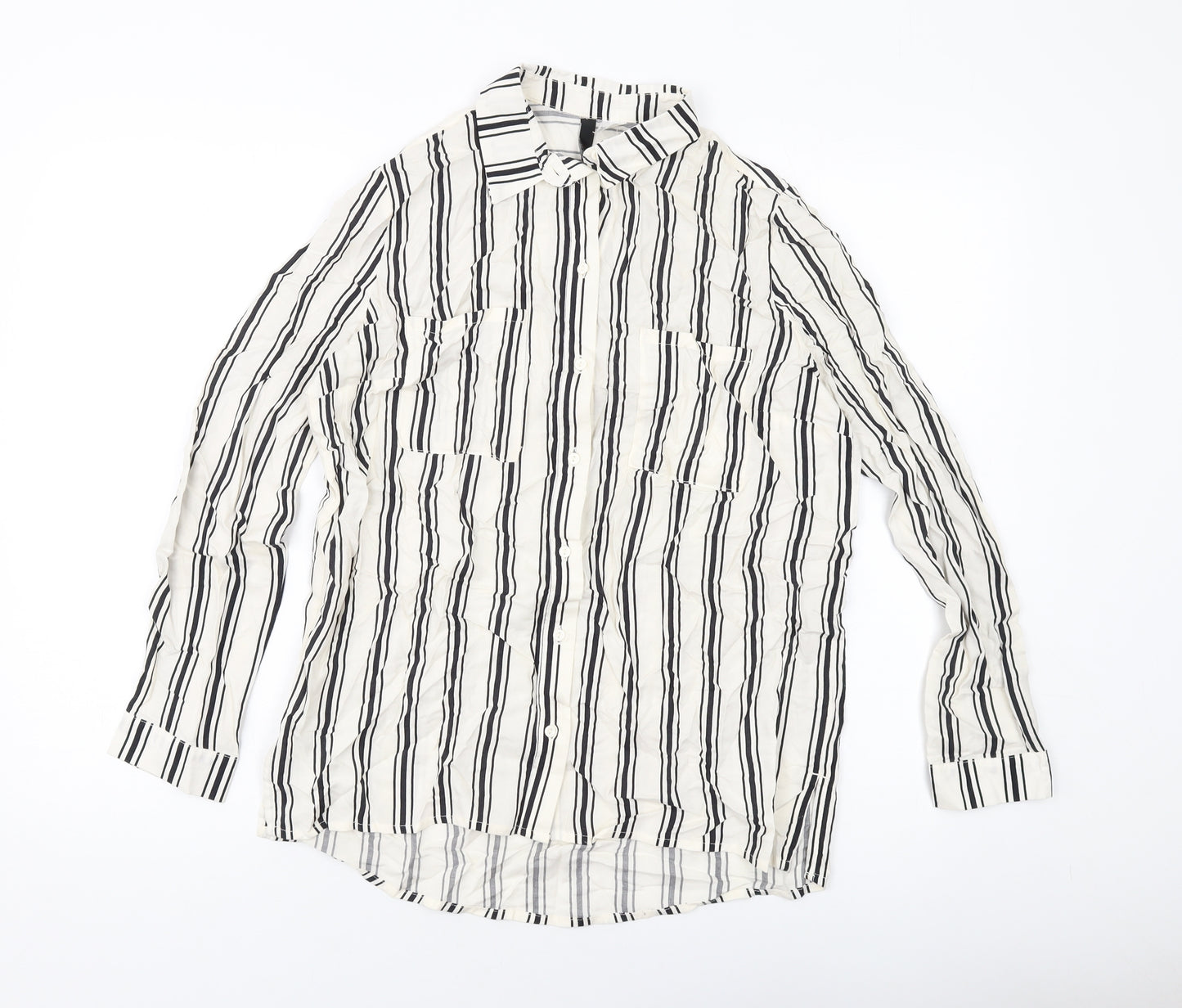 H&M Womens Beige Striped Viscose Basic Blouse Size 8 Collared