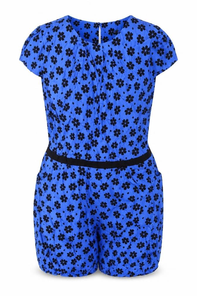 Front view of Doll & Frog women’s blue geometric polyester playsuit one-piece, size UK 16, button