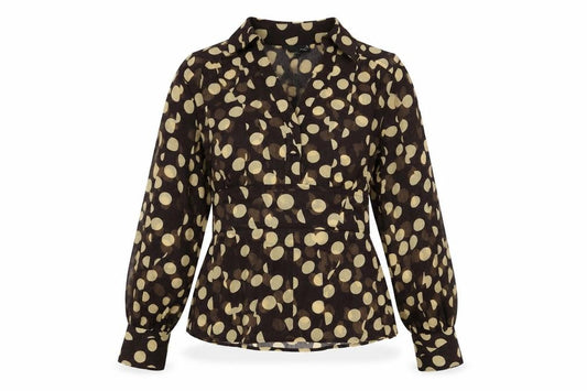 Front view of Next women’s brown polka dot polyester basic blouse, size UK 8, collared
