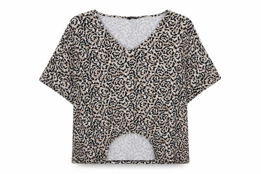 Front view of M&Co women’s brown animal print viscose basic t-shirt, size UK 18, round neck