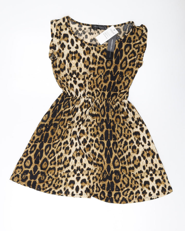 Zanzea Womens Brown Animal Print Polyester A-Line Size S Round Neck Pullover