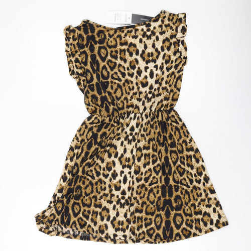 Zanzea Womens Brown Animal Print Polyester A-Line Size S Round Neck Pullover