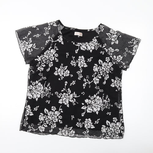 Anna Rose Womens Black Floral Polyester Basic T-Shirt Size 16 Round Neck