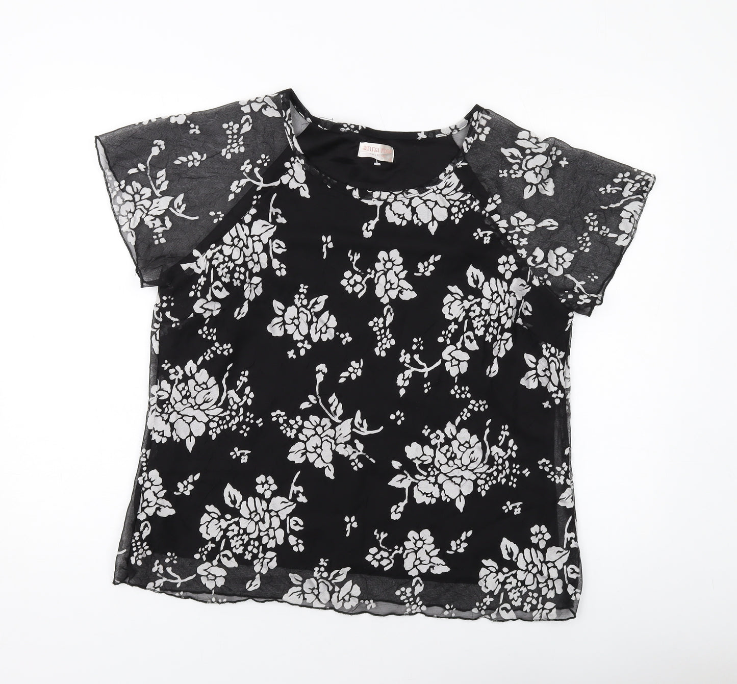 Anna Rose Womens Black Floral Polyester Basic T-Shirt Size 16 Round Neck