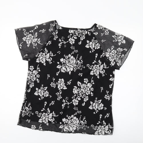 Anna Rose Womens Black Floral Polyester Basic T-Shirt Size 16 Round Neck