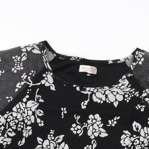 Anna Rose Womens Black Floral Polyester Basic T-Shirt Size 16 Round Neck