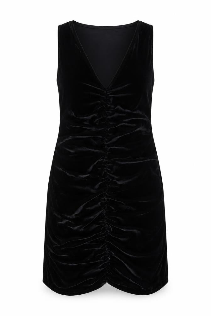 Front view of Miss Selfridge women’s black polyester mini, size UK 14, v-neck pullover
