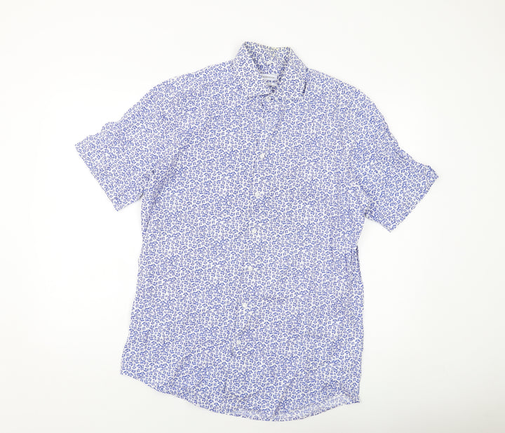 Seidensticker Mens Blue Floral Cotton Button-Up Size M Collared Button