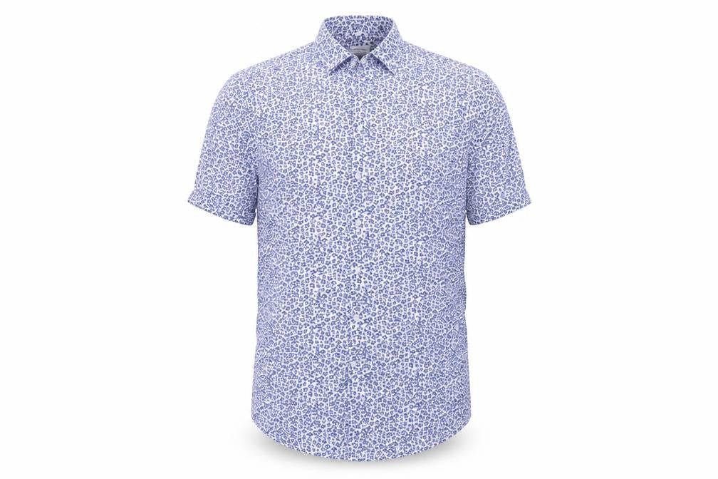 Front view of Seidensticker men’s blue floral cotton button-up, size M, collared button