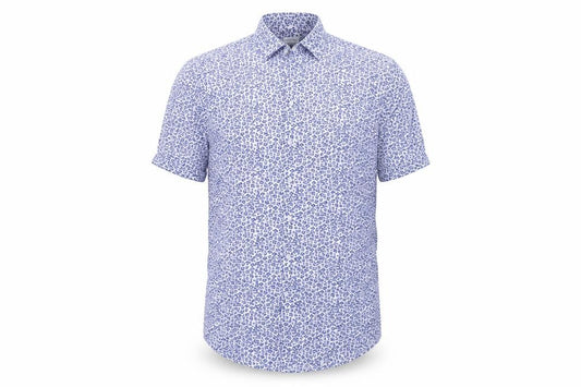 Front view of Seidensticker men’s blue floral cotton button-up, size M, collared button
