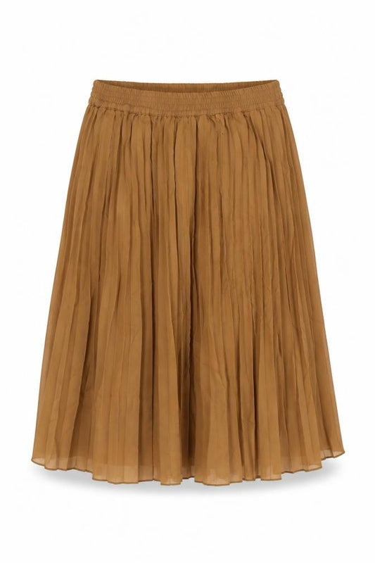 Front view of Cotton Traders women’s brown polyester pleated skirt, size UK 10