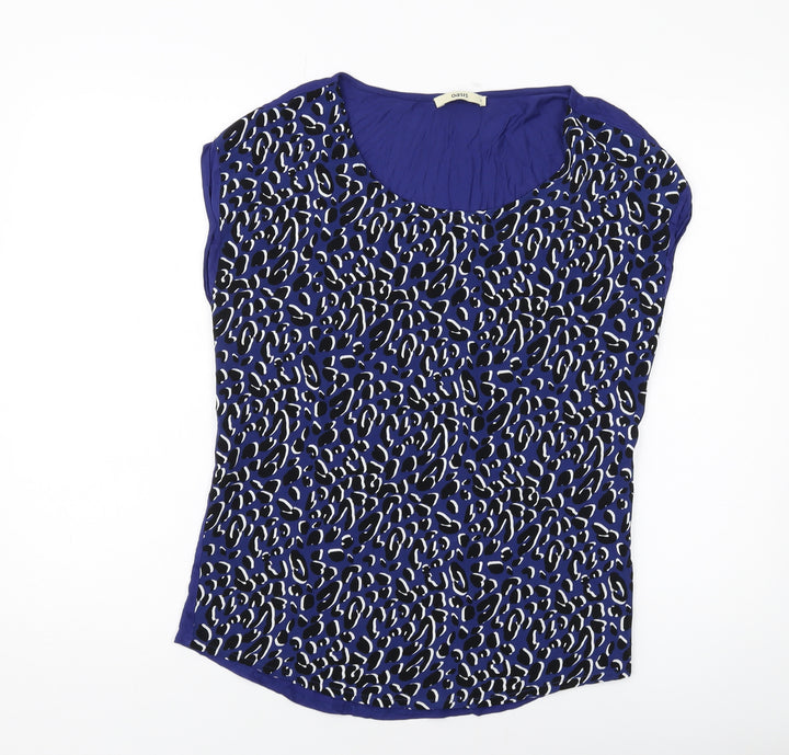 Oasis Womens Blue Animal Print Polyester Basic T-Shirt Size S Round Neck