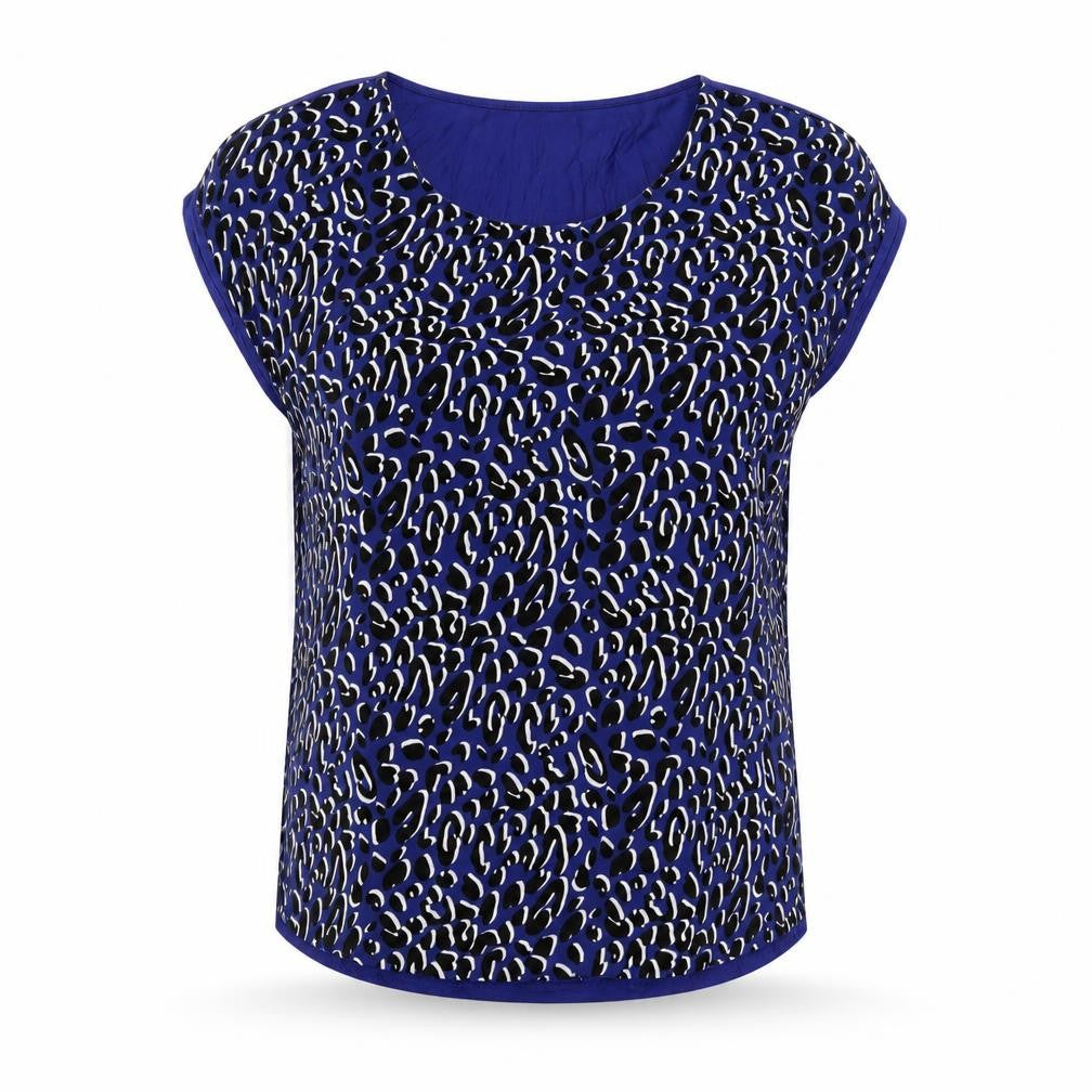 Front view of Oasis women’s blue animal print polyester basic t-shirt, size S, round neck