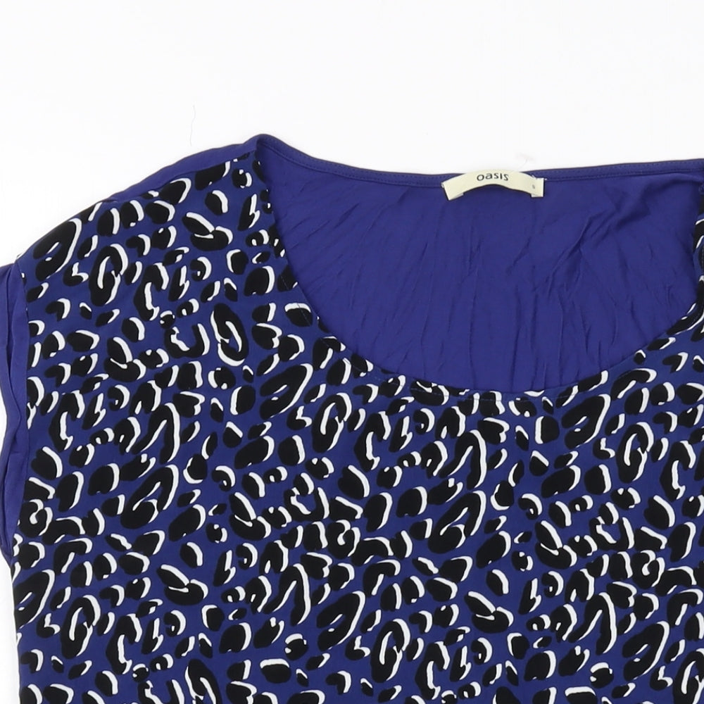Oasis Womens Blue Animal Print Polyester Basic T-Shirt Size S Round Neck