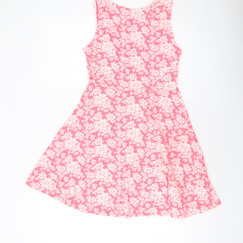 H&M Womens Pink Geometric Polyester Skater Dress Size 12 Round Neck Zip