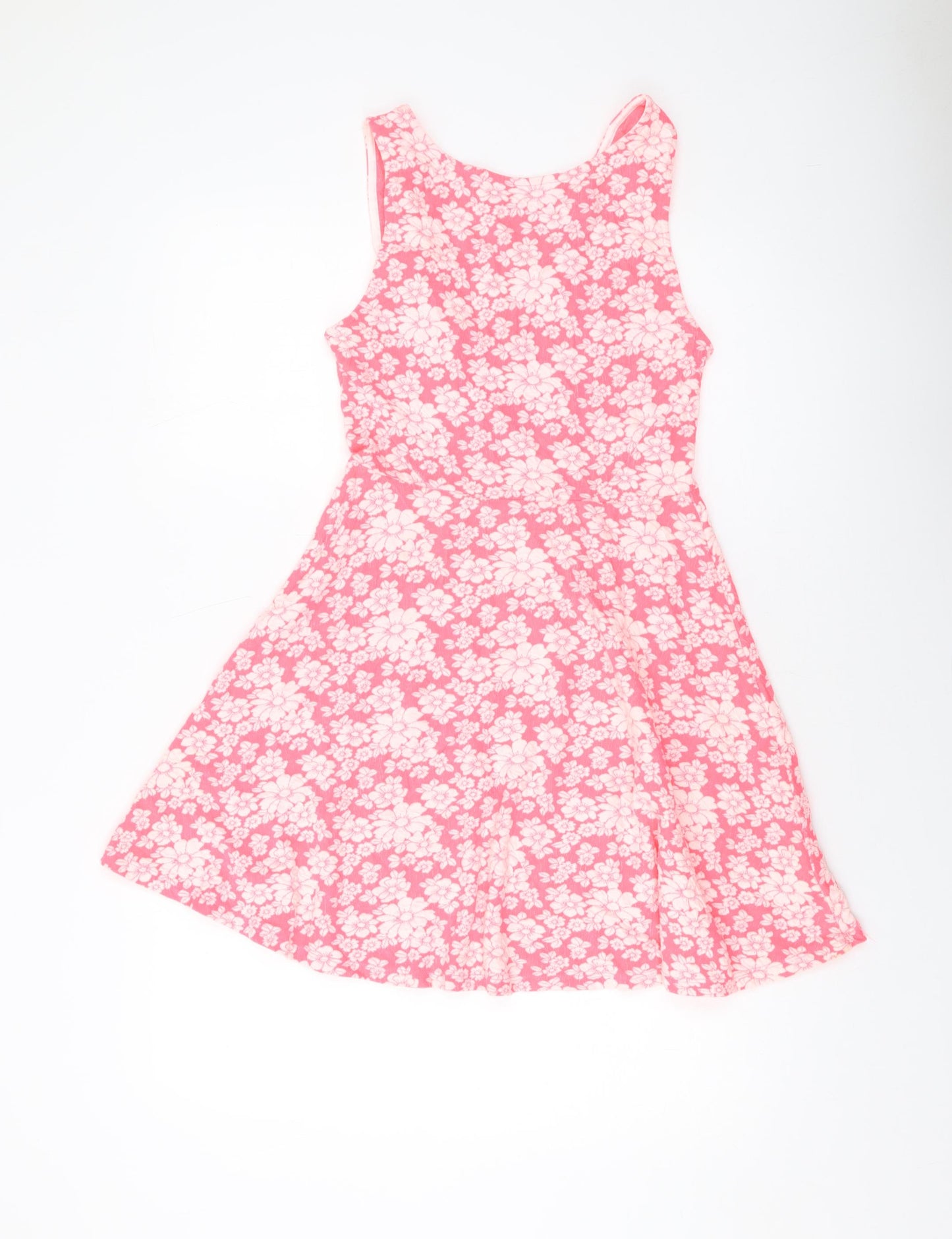 H&M Womens Pink Geometric Polyester Skater Dress Size 12 Round Neck Zip