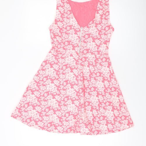 H&M Womens Pink Geometric Polyester Skater Dress Size 12 Round Neck Zip