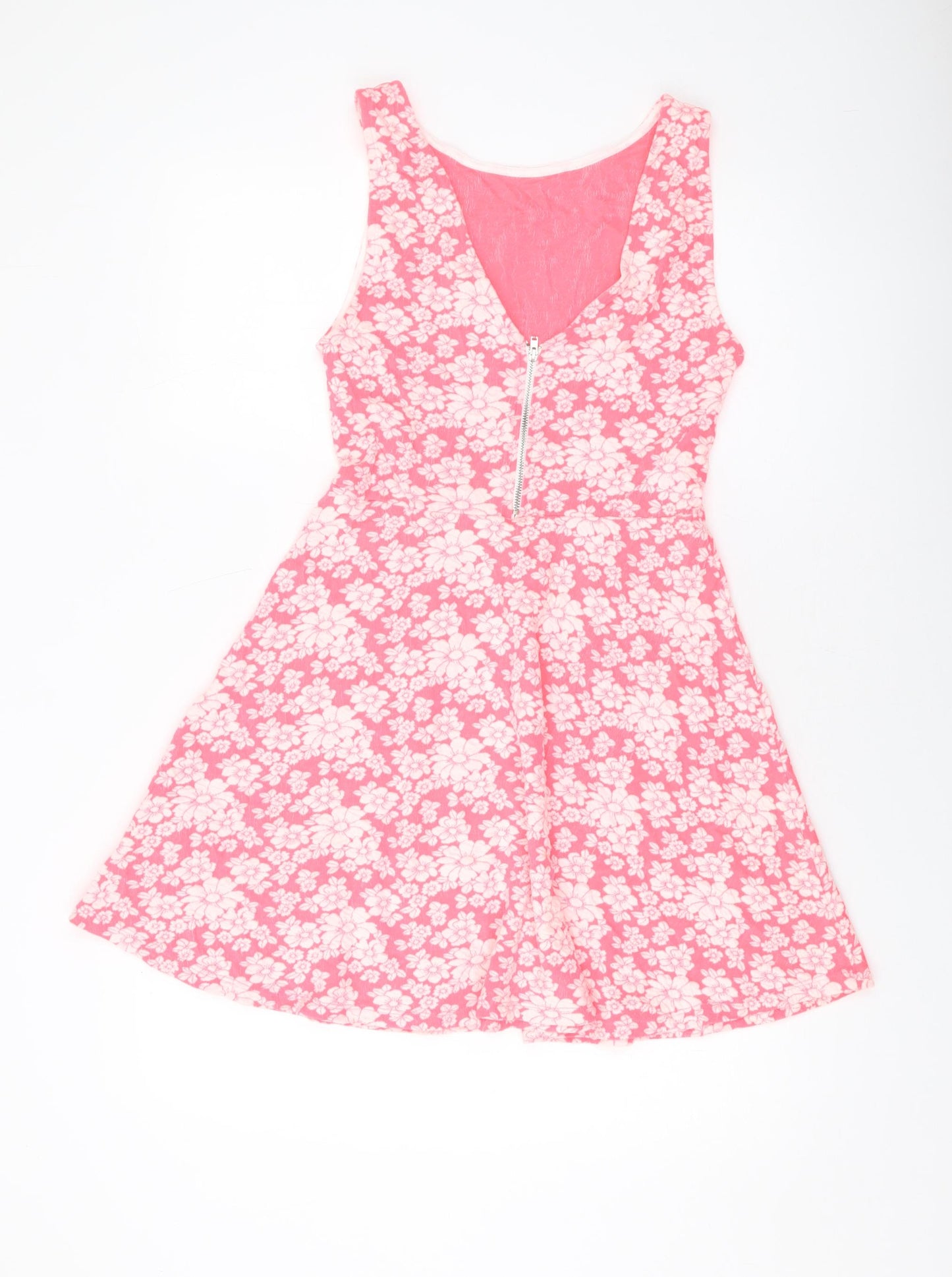H&M Womens Pink Geometric Polyester Skater Dress Size 12 Round Neck Zip