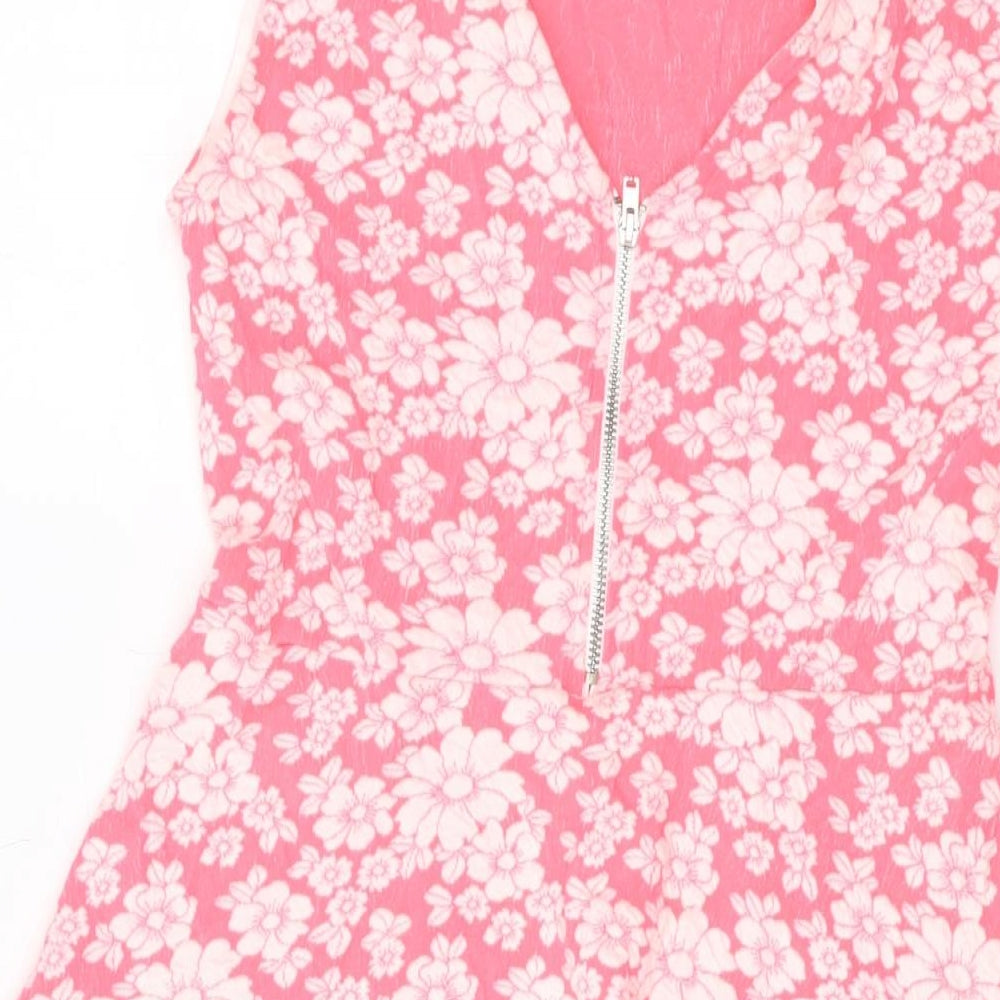 H&M Womens Pink Geometric Polyester Skater Dress Size 12 Round Neck Zip