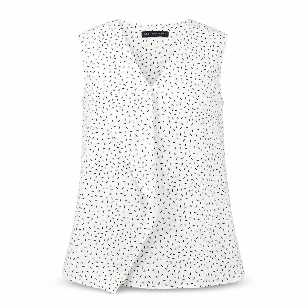 Front view of Marks & Spencer women’s white geometric polyester basic tank, size UK 8, v-neck