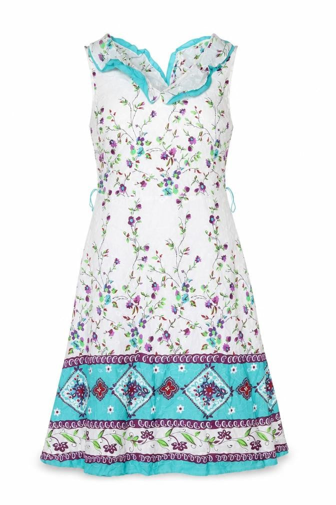 Front view of Klass women’s multicoloured geometric polyester a-line, size UK 12, v-neck zip